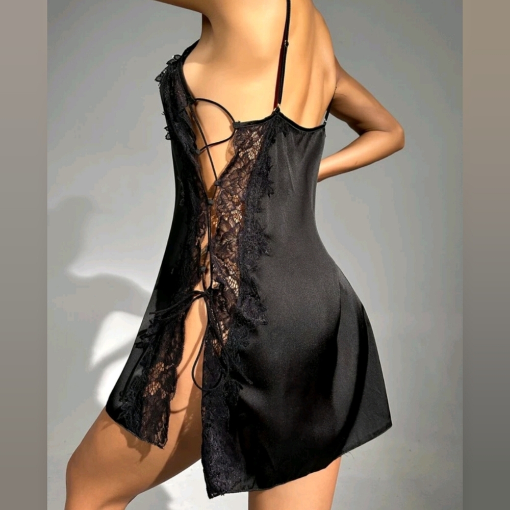 Luxe Lace Trim Satin Robe with Slip Night Dress Set - Picture 4 of 4